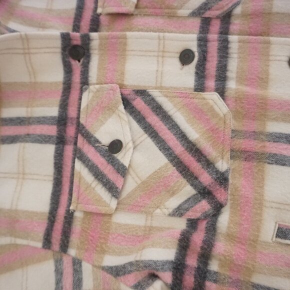 Zara Pink Cream Plaid 20% Wool Button Up Shacket Shirt S - Picture 10 of 12
